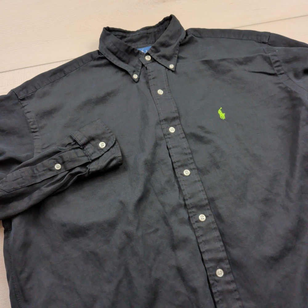Ralph Lauren Blake Silk Linen Shirt Mens L L/S Black Button Down Relaxed Fit